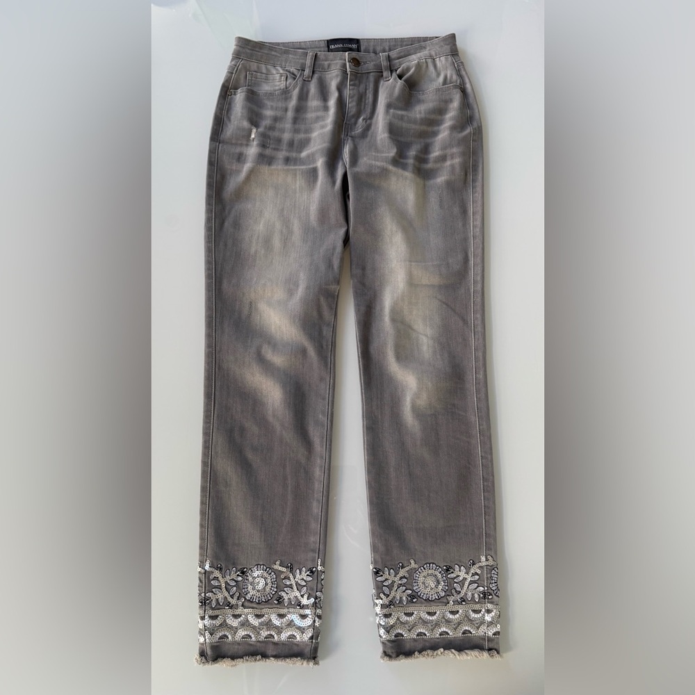 Frank Lyman Gray Embellished Hem Jeans RARE SAMPLE Size M